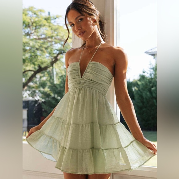 Pale Green Flowy Halter Neck Mini Dress - Picture 2 of 6